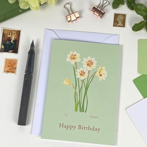 Narzissen Karte zum Geburtstag | Geburtsmonat Blumen | Illustrierte A6 Blumenkarte | März Geburtstag | Neues Baby | Alles Gute zum Geburtstag Frühling