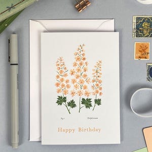 Delphinium Botanical Birthday Card / Fiori del mese di nascita / Biglietto d'arte floreale illustrato A6 / Compleanno estivo di luglio / Nuovo bambino / Buon compleanno