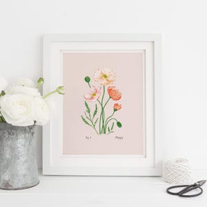 Poppy Floral Art Print: August Birth Month Flower, Botanical Illustration