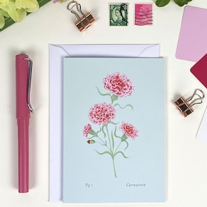 Biglietto d'auguri floreale vuoto A6 / Garofano / Fiori del mese di nascita / Biglietti d'arte illustrati / Compleanno di gennaio / Biglietto per neonato / Mini biglietto d'arte