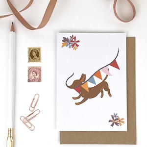 Dachshund Dog Greeting Card: Hand-Drawn Bunting Design, Blank Inside