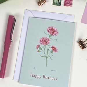 Biglietto di auguri botanico di garofano / Fiori del mese di nascita / Biglietti d'arte floreale illustrati A6 / Compleanno di gennaio / Nuovo bambino / Buon compleanno