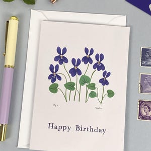 Botanische verjaardagskaart viooltjes | Bloemen geboortemaand | Geïllustreerde A6 kaart met bloemenkunst | Verjaardag februari | Nieuwe babykaart | Fijne verjaardag
