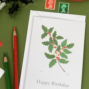 Botanische verjaardagskaart Holly | Bloemen geboortemaand | Geïllustreerde A6-kaarten bloemenkunst| Verjaardag december | Nieuwe baby | Fijne verjaardag