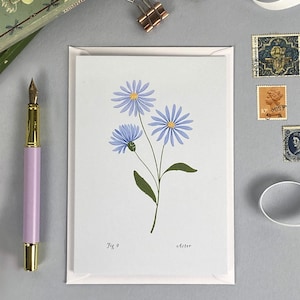Carte de voeux florale vierge | Fleurs Mois de Naissance Aster | illustrée d'art botanique A6 | Anniversaire de septembre | Nouvelle carte bébé | Linda Fox