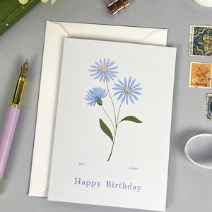 Aster Botanical Birthday Card / Fiori del mese di nascita / Biglietti d'arte floreale illustrati A6 / Compleanno di settembre / Nuovo bambino / Buon compleanno