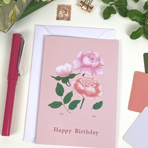 Biglietto di compleanno botanico con rose / Fiori del mese di nascita / Biglietti d'arte floreale illustrati A6 / Compleanno di giugno / Nuovo bambino / Buon compleanno