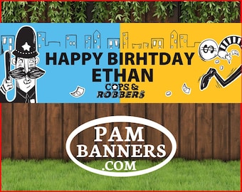 Large Cops and Robbers Catch Birthday Banner and Signs 6x2 with Grommets