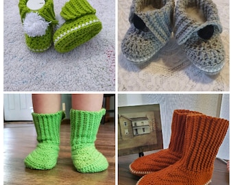 CROCHET PATTERN PDF - Crochet Cuff Boots - Crochet Slippers Worked In Rows - Includes 15 sizes from Baby to Adult - Crochet Winter Boots