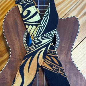Handmade Gold Tapa Quilted Ukulele Strap: Vegan Leather Ends