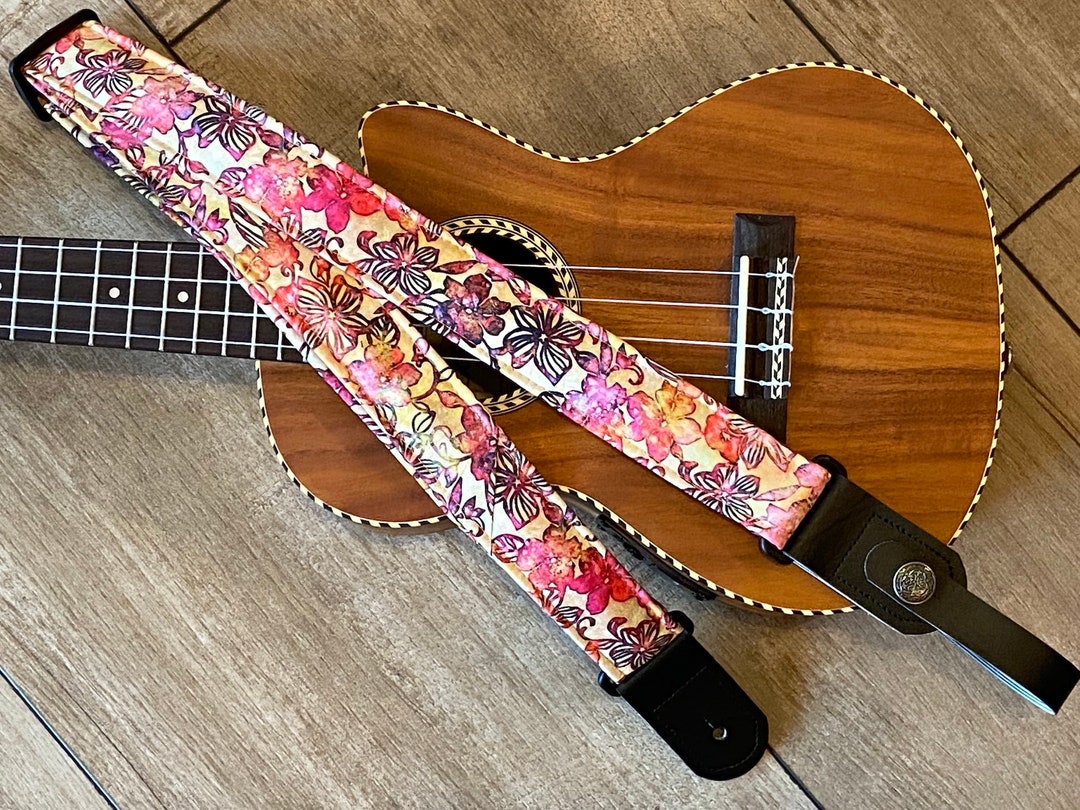 batik-pink-floral-quilted-ukulele-strap-handmade-vegan-leather