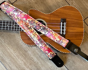 Batik Pink Floral Ukulele Ukelele Strap Ukelele Handmade Ukulele Banjolele Banjo Strap Ukulele Strap Vegan Leather Handmade in Massachusetts