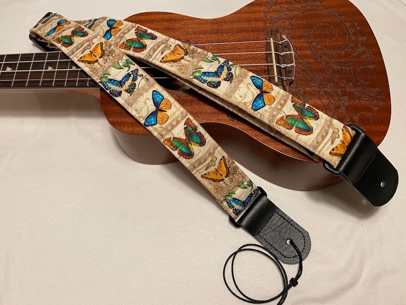 Vintage Butterflies Ukelele Strap Ukelele Handmade Ukulele Banjolele Banjo Strap Ukulele Strap Hands-Free, Vegan Leather, Handmade in MA image 2