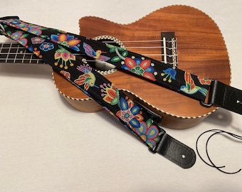 Handmade Floral Hummingbird Ukulele Strap: Vegan Leather Ends