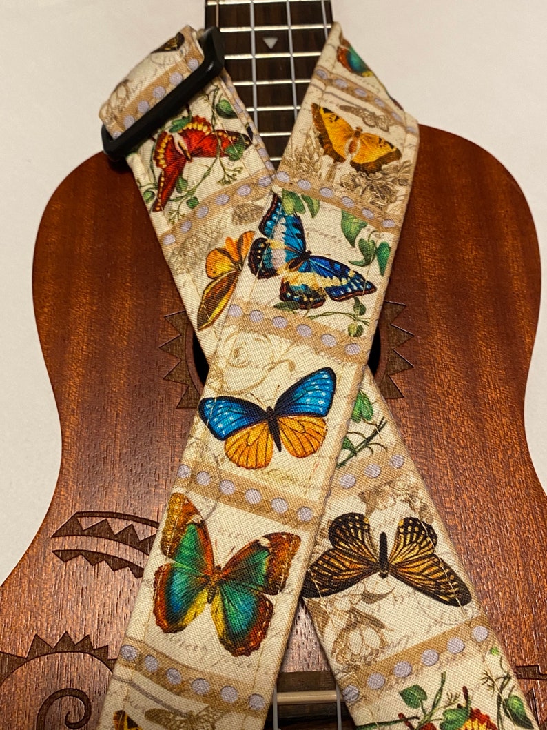 Vintage Butterflies Ukelele Strap Ukelele Handmade Ukulele Banjolele Banjo Strap Ukulele Strap Hands-Free, Vegan Leather, Handmade in MA Without Adapter