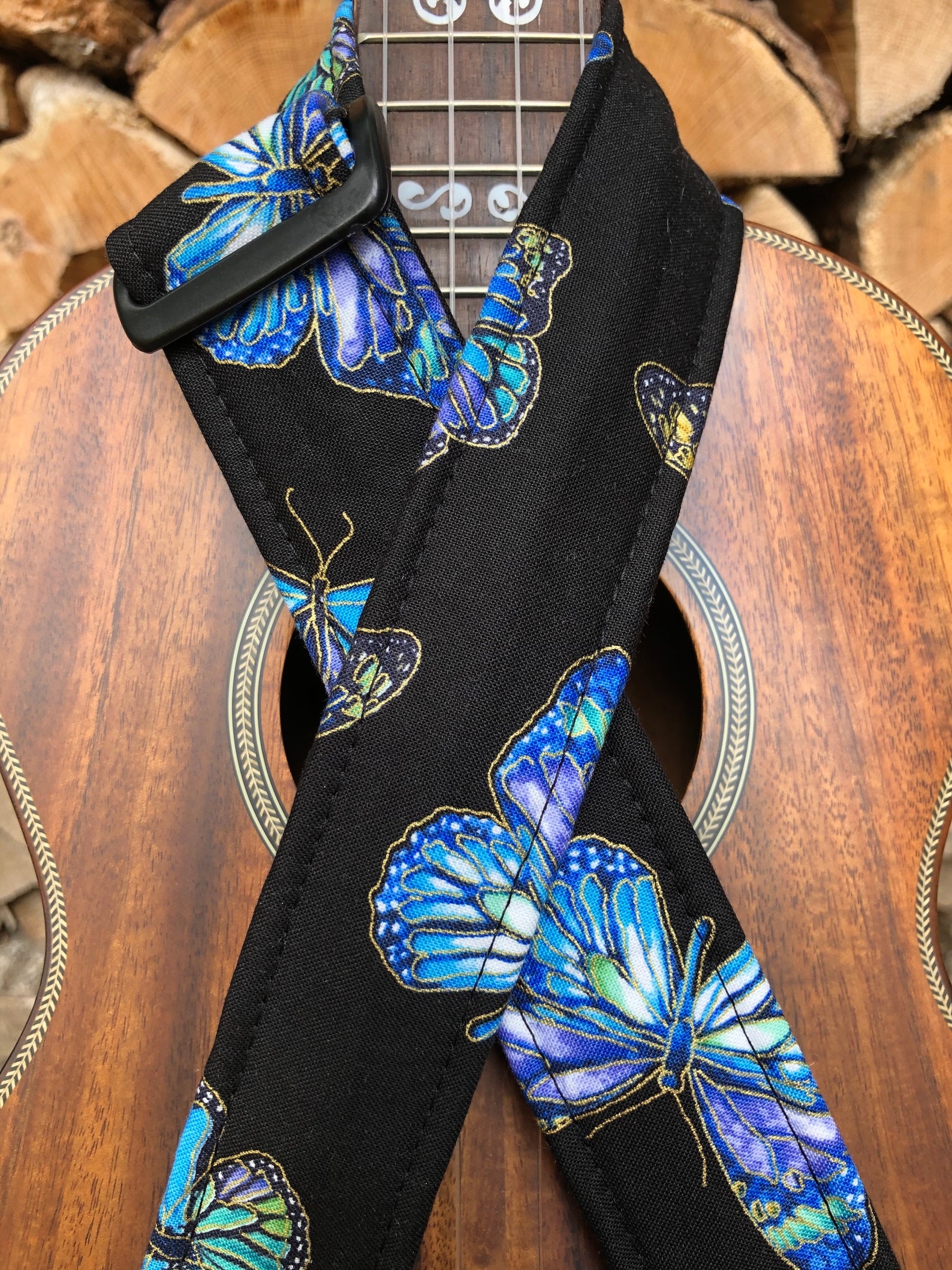 Ukulele Strap Butterflies Blue on Black HandsFree Vegan Etsy