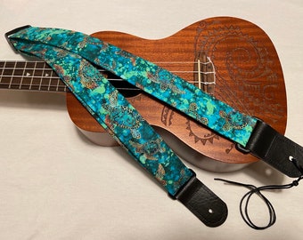 Turtle Aqua Ukulele Strap, Vegan Leather Ends, Handmade