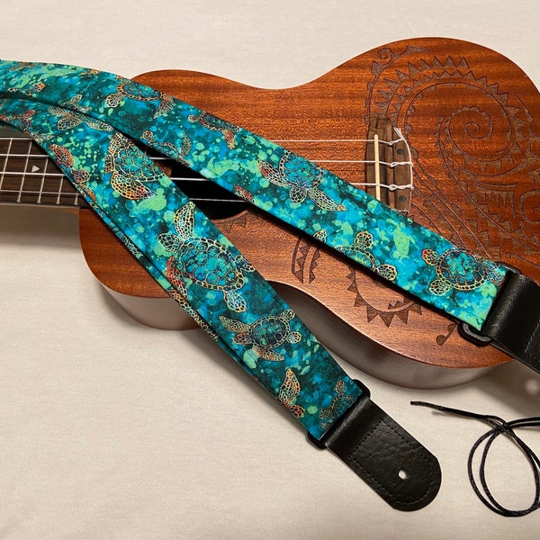 Turtles Aqua Ukulele Ukelele Strap Ukelele Handmade Ukulele Banjolele Banjo Strap Ukulele Strap Vegan Leather, Handmade in Massachusetts