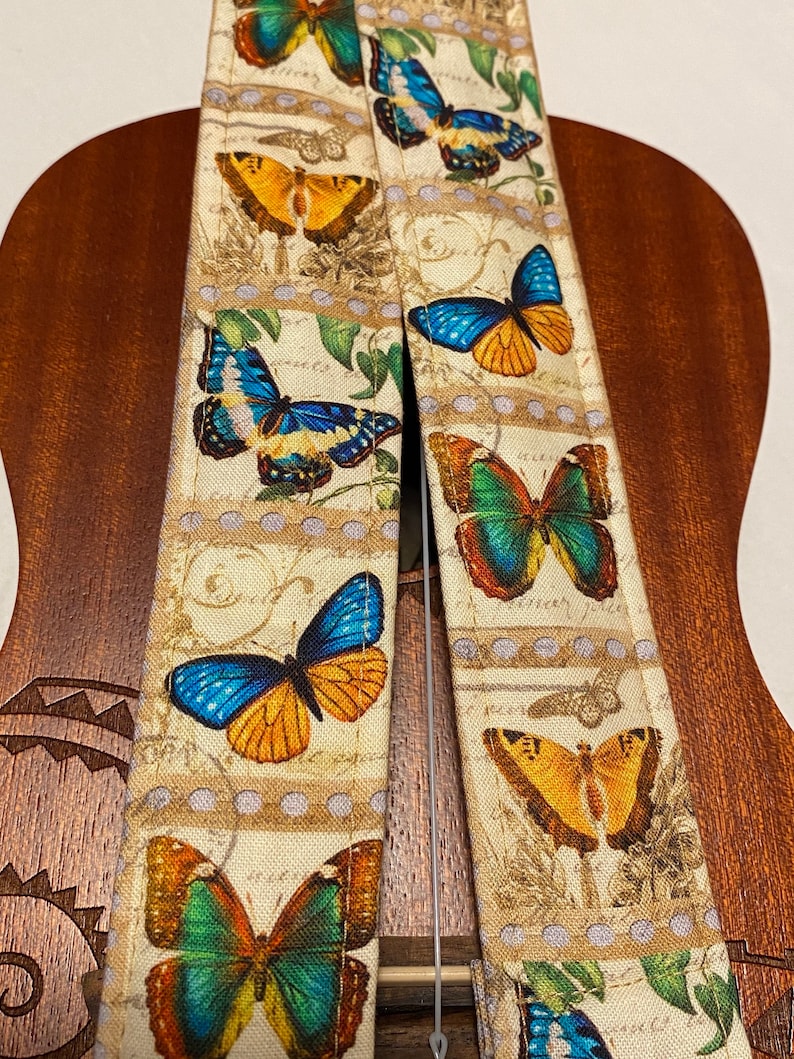 Vintage Butterflies Ukelele Strap Ukelele Handmade Ukulele Banjolele Banjo Strap Ukulele Strap Hands-Free, Vegan Leather, Handmade in MA image 4