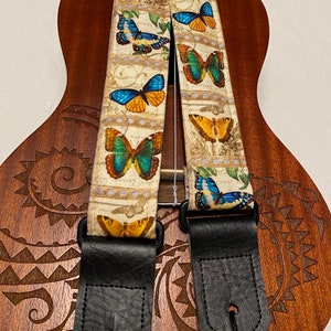 Vintage Butterflies Ukelele Strap Ukelele Handmade Ukulele Banjolele Banjo Strap Ukulele Strap Hands-Free, Vegan Leather, Handmade in MA image 3