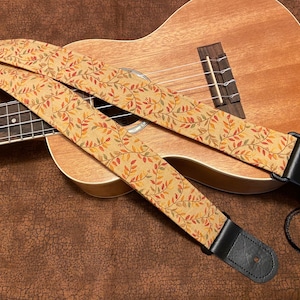 Pretty Vines Ukulele Strap: Handmade Quilted Cotton, Vegan Leather Ends