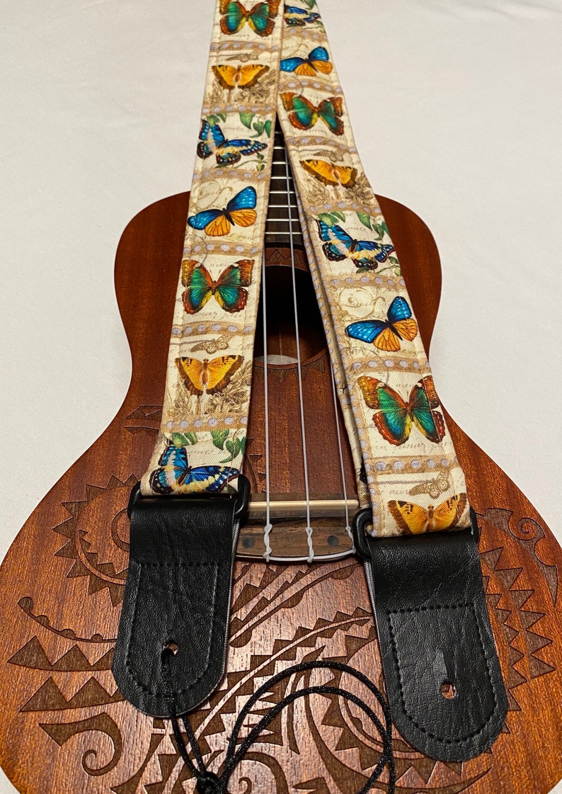 Vintage Butterflies Ukelele Strap Ukelele Handmade Ukulele Banjolele Banjo Strap Ukulele Strap Hands-Free, Vegan Leather, Handmade in MA image 5