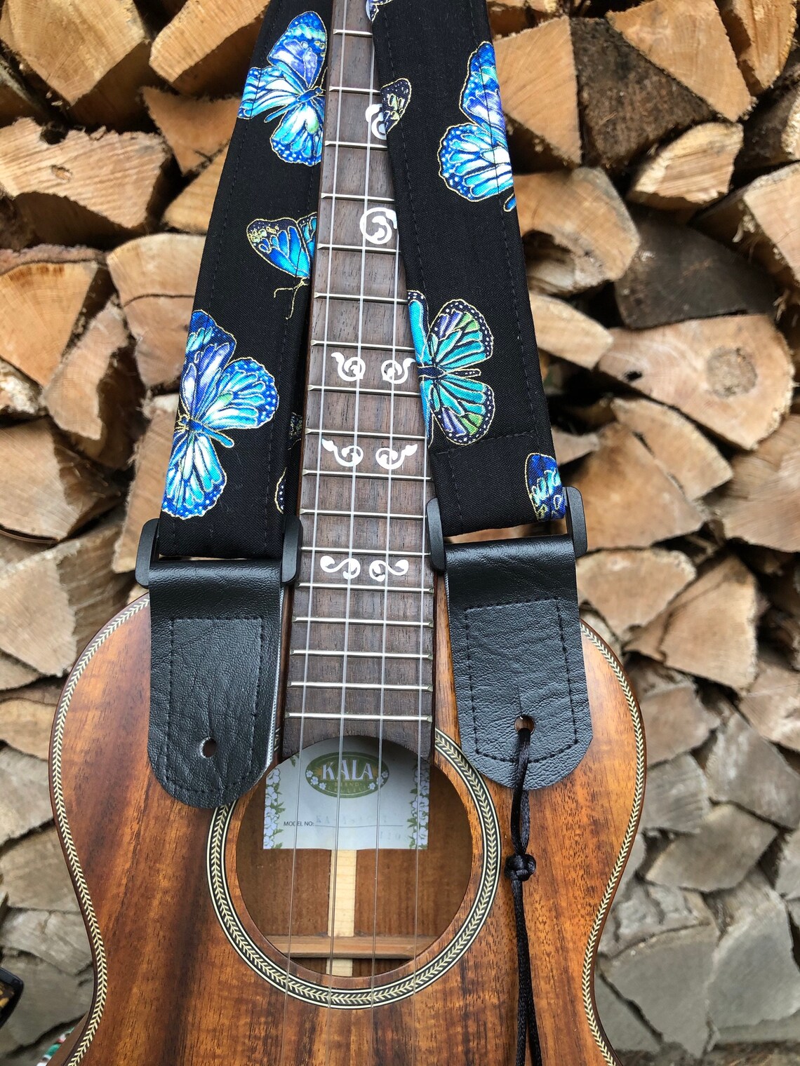 Ukulele Strap Butterflies Blue on Black HandsFree Vegan Etsy