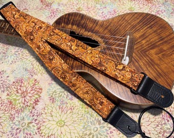 Rust Paisley Quilted Ukulele Strap: Handmade Quilted Vegan Leather Ends