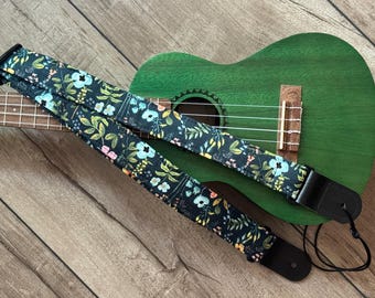 Correia para ukulele acolchoada com estampa floral de jardim: Correia de algodão feita à mão, ajustável de 76 a 130 cm (30 a 51 polegadas).