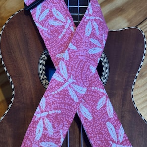 Pink Dragonfly Quilted Ukulele Strap, Vegan Leather Ends, Handmade