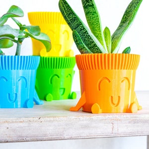 Pode incluir: Quatro vasos de plantas impressos em 3D coloridos com rostos felizes. Os vasos são azuis, verdes, amarelos e laranja. Os vasos estão cheios de plantas.