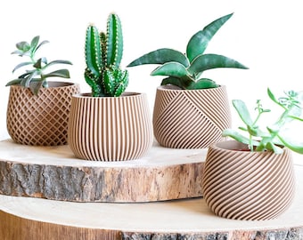 4er-Set Pflanztöpfe für Sukkulenten, Anzuchttöpfe, minimalistische Wohndekoration, Geschenkidee, Stifthalter, Holz-Plastik, 3D-Druck