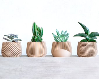 SET Töpfe für Sukkulenten, Set mit 4 Töpfen für Pflanzen, Kinderzimmertöpfe, minimale Wohndekoration, Geschenkidee, Stifthalter, PLA-HOLZ, 3D-Druck
