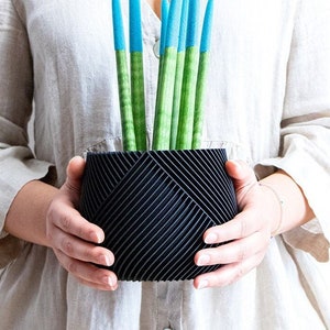 Könnte beinhalten: Eine Person hält einen schwarzen Topf mit geometrischem Muster. Der Topf enthält eine grüne Schlangenpflanze mit blau lackierten Spitzen.