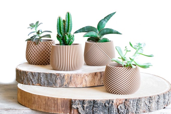 Beautiful Set of 4 Plant Pot Succulent Planter Set Wood Plant Pot Desk  Planter Planter Gift 