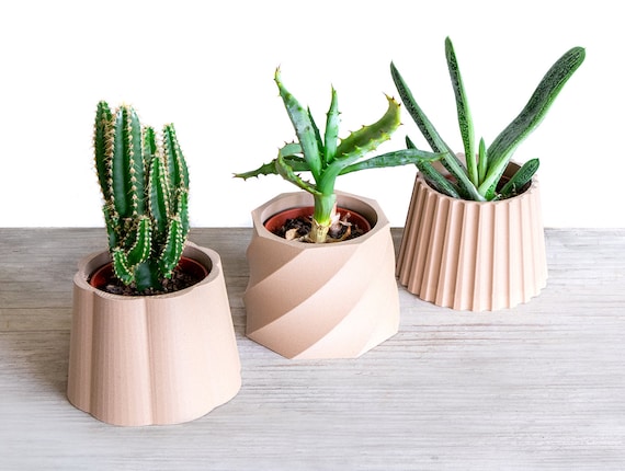 XUDREZ Set di 4 vasi per piante grasse, 7,5 cm, in ceramica, mini vasi da fiori con vassoio in bambù, decorazione per casa e ufficio