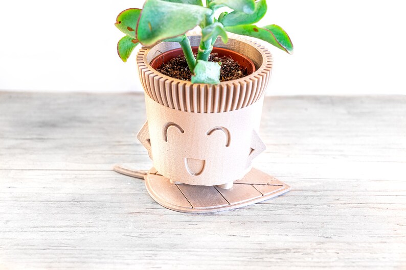 May include: A light brown wooden planter with a smiling face and a small green plant inside. The planter is sitting on a light brown wooden leaf-shaped base.