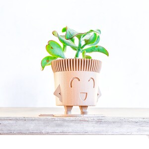 May include: A light brown, wooden planter shaped like a smiling face with a green succulent plant inside. The planter has two small legs and arms.