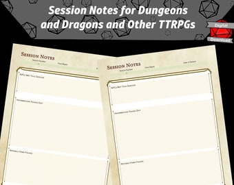 Folleto DIGITAL de notas de sesión de D&D, accesorios de mazmorras y dragones, regalos para jugadores de DND, descarga digital de DnD para jugadores, sesión de DnD