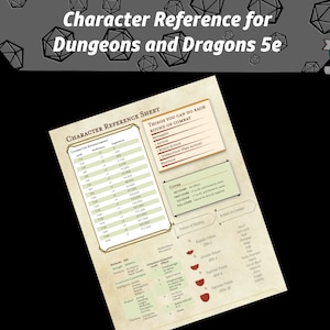 Puede incluir: Una hoja de referencia de personaje para Dungeons and Dragons 5e. La hoja incluye una tabla para el avance del personaje, una lista de cosas que puedes hacer cada ronda de combate y una sección sobre acciones en combate.