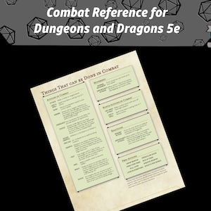 Puede incluir: Una hoja de referencia imprimible para el combate de Dungeons and Dragons 5e, que enumera las acciones que se pueden realizar en combate, las acciones de bonificación, las reacciones y las acciones gratuitas. La hoja está en un esquema de color marrón y blanco con un borde negro.