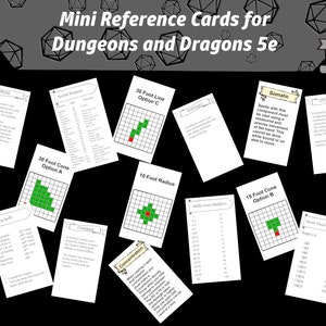 Può includere: Un set di carte di riferimento stampabili per Dungeons and Dragons 5e. Le carte presentano vari meccanismi di gioco, tra cui le opzioni di movimento, i lanci di incantesimi somatici e la concentrazione. Le carte sono progettate per essere stampate e utilizzate come riferimento rapido durante il gioco.