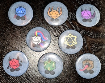 D&D Dice Monster Pin Buttons, dungeons and dragons, DND pin badges, DND Gifts for Players, Dungeons and Dragons Gifts