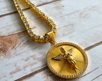 18K Vergoldeter Engel Medaillon Edelstahl Anhänger mit CZ Diamant Tennis Kette