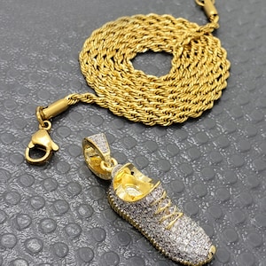 Micropave CZ Diamond 18K Gold Plated Brass Sneaker Shoe Pendant with 24" Stainless Steel Chain