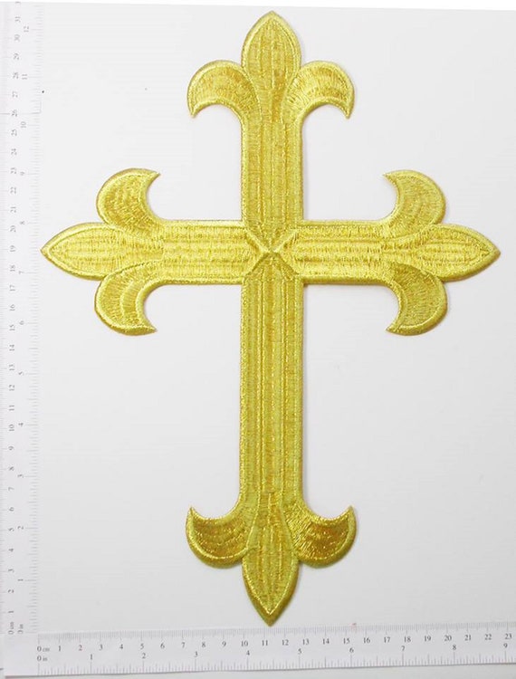 Embroidered Cross Patch Iron on Applique - Equal Latin Cross - Pack of 6  (Metallic Gold, 3 x 3)
