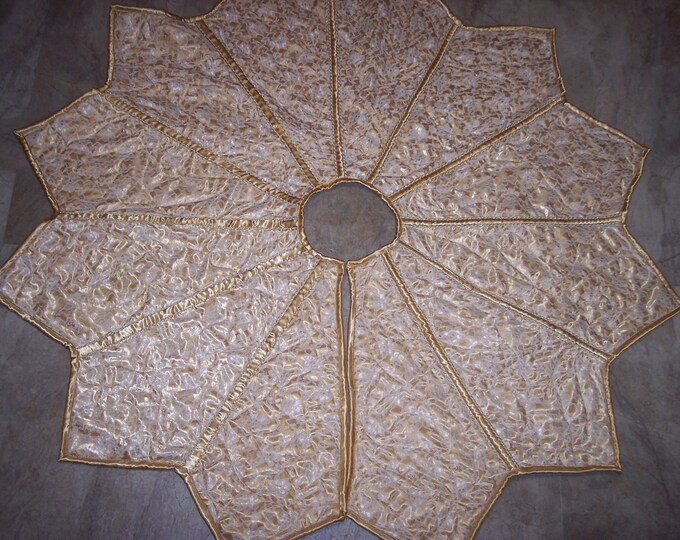 Elegant Christmas Tree Skirt in Gold Satin, Cream Lace, and Elegant