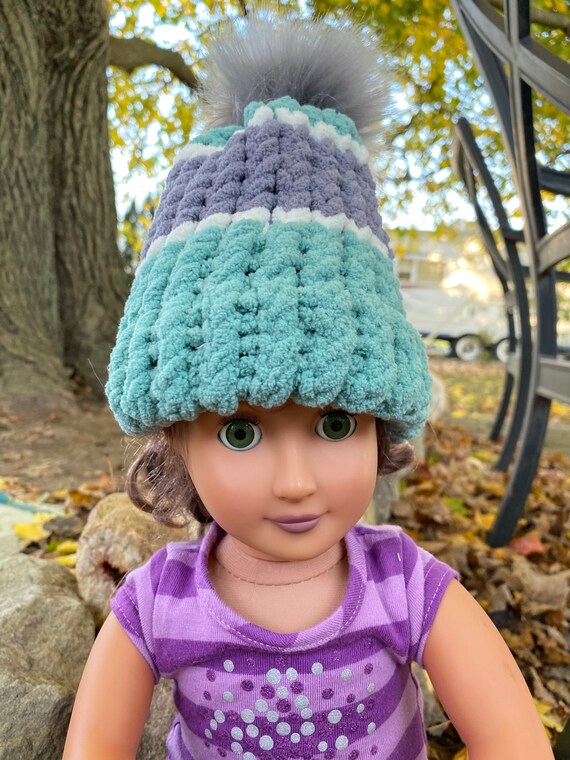 Teal Winter Hat With a Lavender and White Stripe and a Gray Faux