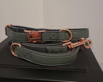 Hunter Green Collar and leash with rose gold hardware, Dog Collar, Dog Leash