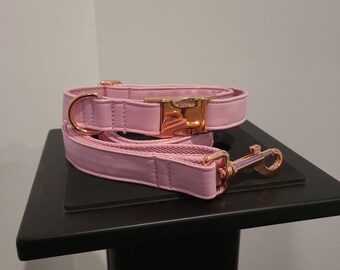 Pink Collar and leash with rose gold hardware, Dog Collar, Dog Leash